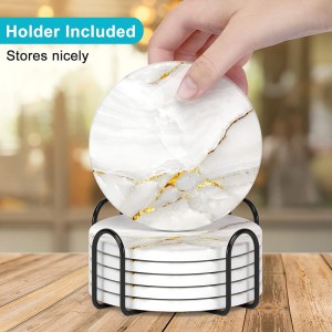 Marble Style Absorbent Ceramic Coasters with Holder and Cork Base