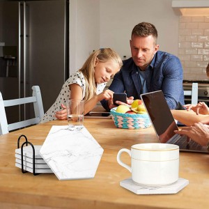 Custom printed Hexagon Ceramic coaster with metal wire holder