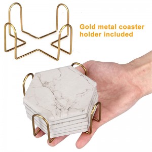 Porta-copos de cerâmica para bebidas, porta-copos hexagonal com suporte de metal dourado