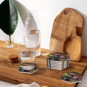 Hot sell Stone Coasters for Tabletop Protection Ceramic Coasters for Drinks Hexagon Drink Coasters with Metal Holder