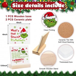 10*10CM square Moisture Absorbent Ceramic coaster with wooden holder for Christmas Gifts