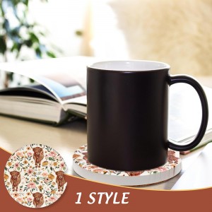 Floral Highland Cow Ceramic Car Coaster with Finger Notch Rustic Farmhouse Car Cup Holder Coasters with Anti-Slip Cork Base Absorbent Drink Coaster