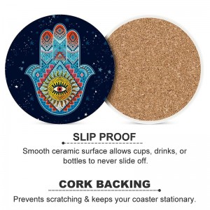 Hamsa Hand Ceramic Coasters with Cork Backing Absorbent Drink Coaster