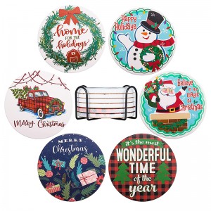 Absorbent Ceramic Drink Christmas Coasters with Holder Coaster Set of 6 with Cork Base