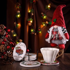 Absorbent Ceramic Drink Christmas Coasters with Holder Coaster Set of 6 with Cork Base