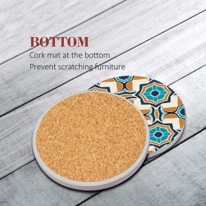 Spanish Moroccan Ornate Ceramic Pattern Absorbent Round Ceramic Stone Mat with Cork Base and Metal Holder