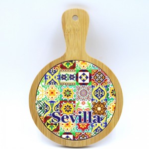 13*19CM Round Ceramic trivet with handle bamboo base wholesale