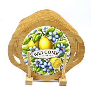 19*24cm Wholesale Customized Double Ears Ceramic Trivet with bamboo base