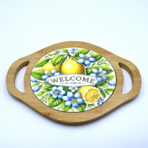 19*24cm Wholesale Customized Double Ears Ceramic Trivet with bamboo base