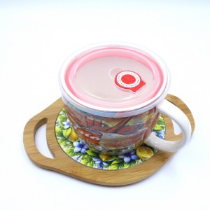 19*24cm Wholesale Customized Double Ears Ceramic Trivet with bamboo base