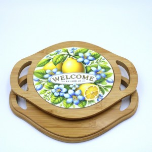 19*24cm Wholesale Customized Double Ears Ceramic Trivet with bamboo base