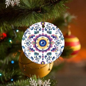 Evil Eye Mandala Pattern Christmas Hanging Ornaments Round Ceramics Pendant Souvenir for Xmas Tree Decoration