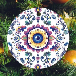 Evil Eye Mandala Pattern Christmas Hanging Ornaments Round Ceramics Pendant Souvenir for Xmas Tree Decoration