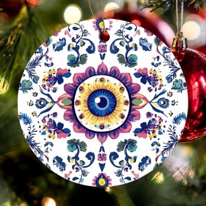 Evil Eye Mandala Pattern Christmas Hanging Ornaments Round Ceramics Pendant Souvenir for Xmas Tree Decoration