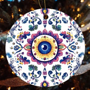 Evil Eye Mandala Pattern Christmas Hanging Ornaments Round Ceramics Pendant Souvenir for Xmas Tree Decoration