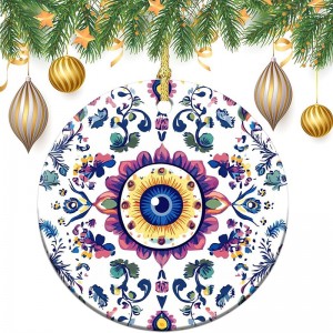 Evil Eye Mandala Pattern Christmas Hanging Ornaments Round Ceramics Pendant Souvenir for Xmas Tree Decoration