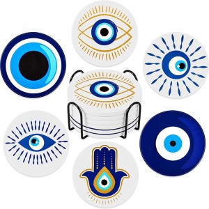 Set of 6 Ceramic Evil Eye Coasters with Coaster Holder Evil Eye Blue Coasters for Drinks Round Absorbent Cup Mat with Cork Base for Home Table Decor Desk Kitchen Accessories