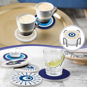 Set of 6 Ceramic Evil Eye Coasters with Coaster Holder Evil Eye Blue Coasters for Drinks Round Absorbent Cup Mat with Cork Base for Home Table Decor Desk Kitchen Accessories