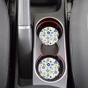 Posavasos de cerámica absorbentes para coche, diseño de mal de ojo, paquete de 2 portavasos para coche con parte trasera de corcho y ranura para los dedos