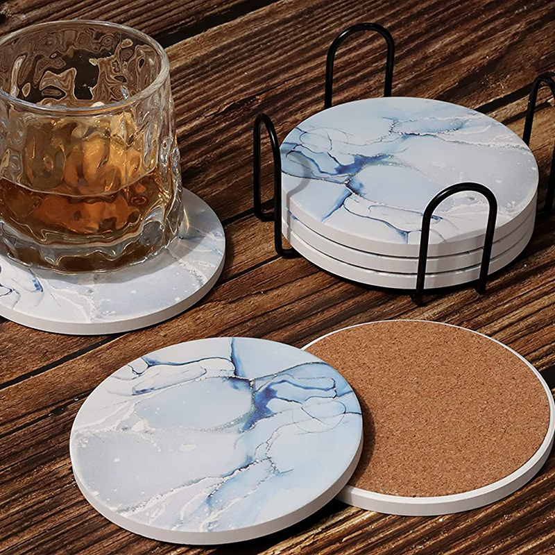 6pcs Absorbent Ceramic Stone Coasters with Premium Black Holder and Cork Backing