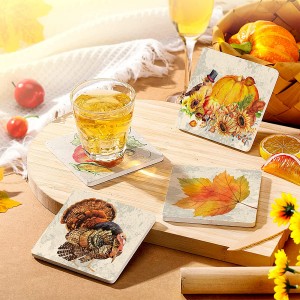 Set di sottobicchieri per bevande per il Ringraziamento Sottobicchieri per bevande assorbenti in legno autunnali Foglie di novembre Zucca Tacchino Sottobicchieri quadrati Decorazioni per la tavola della sala da pranzo di casa Regalo per la festa di compleanno di inaugurazione della casa